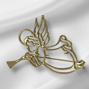 Vintage Gold Tone Angel Heralding Brooch Pin Trumpet Halo Open Work Filigree
